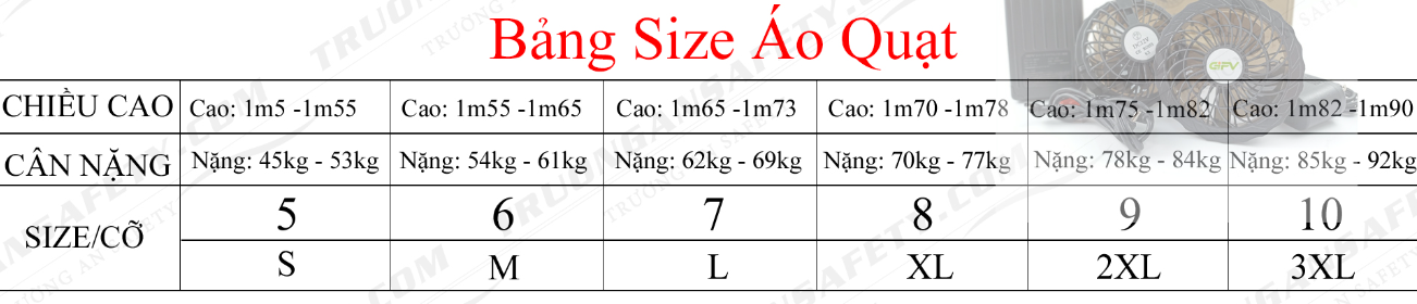 Bảng size áo quạt gió
